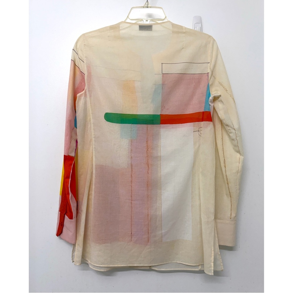 Akris Mural Print Cotton Shirt Tunic Blouse Red Beige Colorblock Geometric 6 - Picture 9 of 13